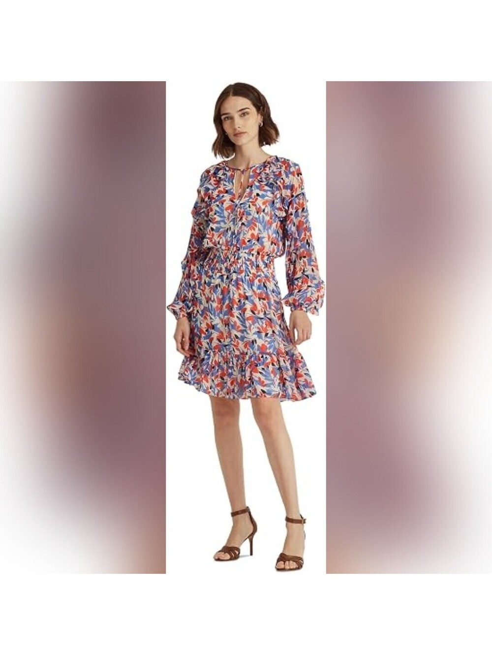 NWT Ralph Lauren Floral V Neck Long Sleeve A-Line Georgette Dress, Size 10